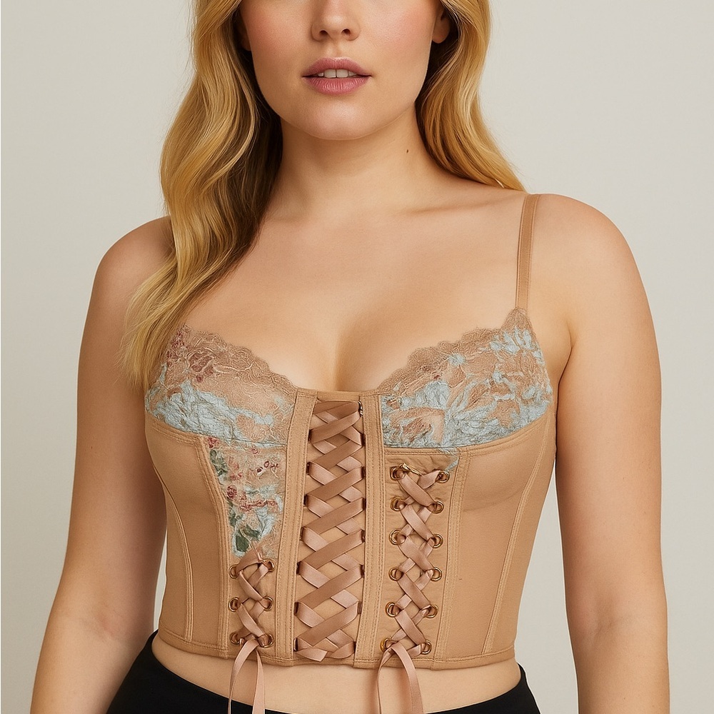 Savage X Fenty Lace Corset Bustier Top Beige Floral Lingerie Festival Coquette L